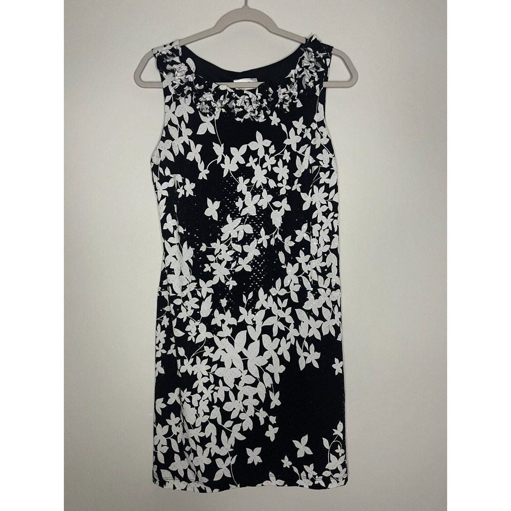 J.B.S. LTD Black White Sleeveless Floral Swing Dress Women's Size 10